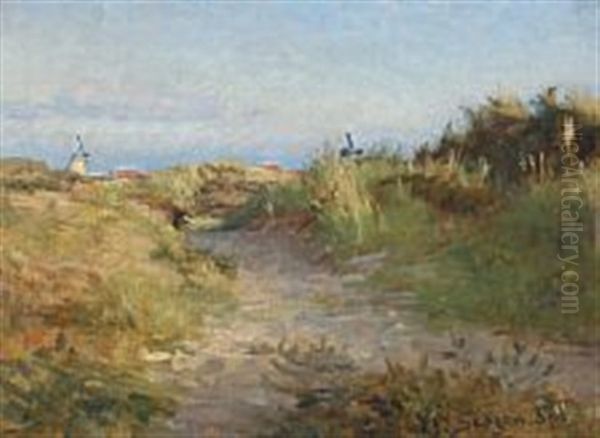 Sand Dunes In Skagen With Wind Turbines In The Background Oil Painting by Viggo Johansen