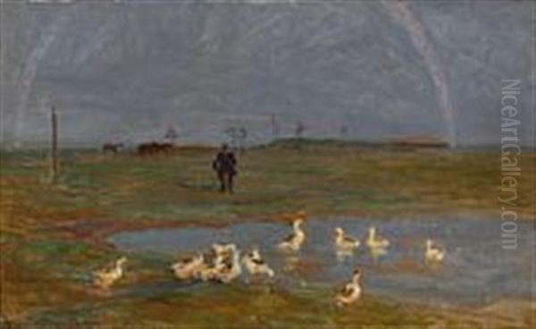 Landscape With Geese, Horses, An Elderly Man With A Cane And A Rainbow Oil Painting by Viggo Johansen