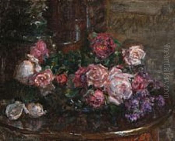 Still Life With Roses On A Table Top Oil Painting by Viggo Johansen