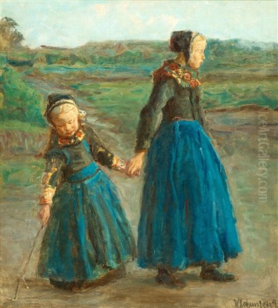 Two Girls Oil Painting by Viggo Johansen