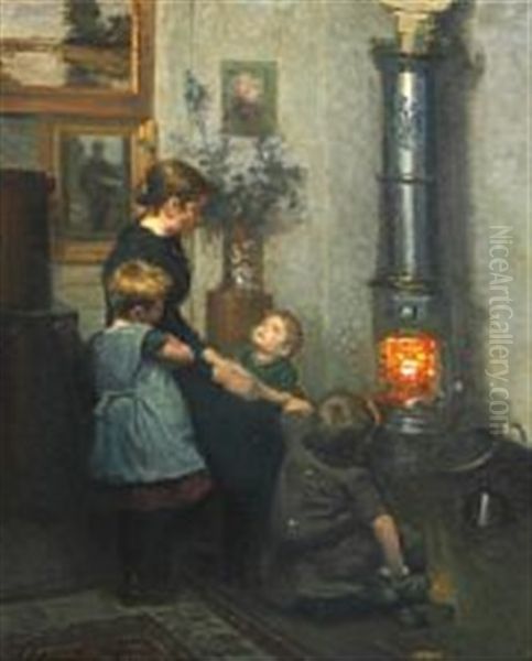 A Mother Telling Stories For The Little Ones Oil Painting by Viggo Johansen