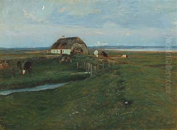 Cattle Grazing In The Fields At Dusk Oil Painting by Viggo Johansen