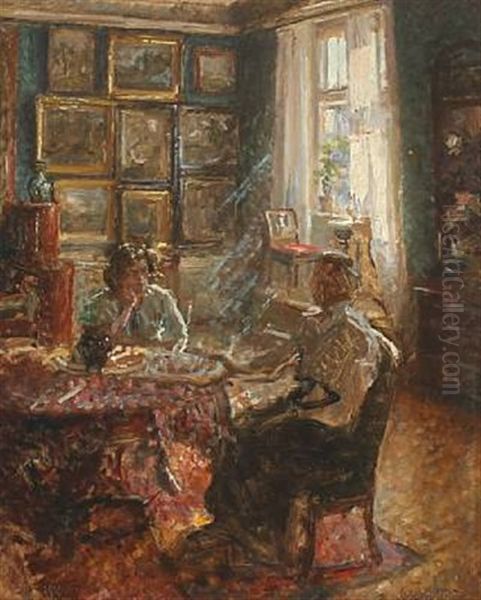 Interior With Women At A Table Oil Painting by Viggo Johansen