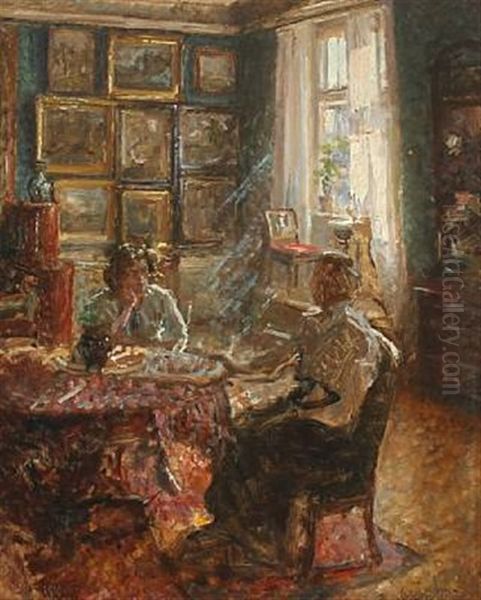 Interior With Women At A Table Oil Painting by Viggo Johansen