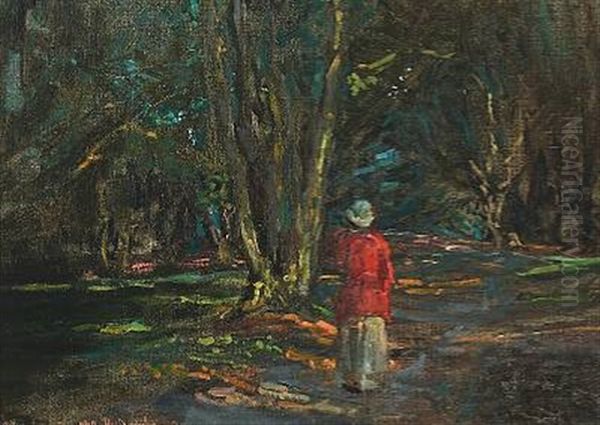 Forest Scape With Female Wanderer Oil Painting by Viggo Johansen