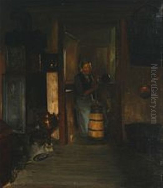 Interior With A Woman Churning Butter Oil Painting by Viggo Johansen