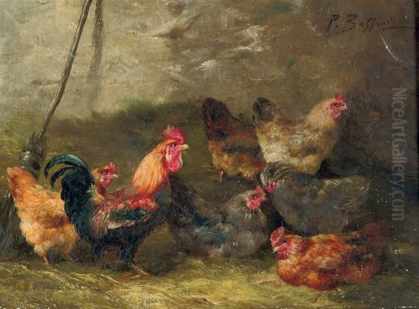 A Cock And Chickens Oil Painting by P. Bassaud