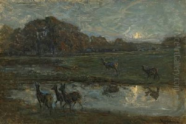 Nightscape With Deers Oil Painting by Viggo Johansen