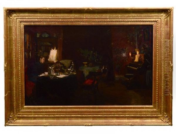 Interior Parlor Scene With Lady Seated At A Desk Oil Painting by Viggo Johansen