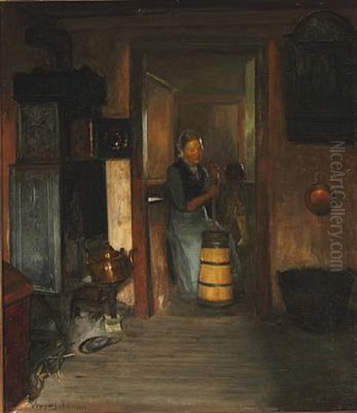 Interior With A Woman Churning Butter Oil Painting by Viggo Johansen