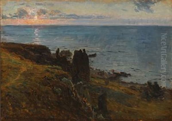 Sunrise At Helligdomsklipperne (sanctuary Rocks) At Bornholm, Denmark Oil Painting by Viggo Johansen