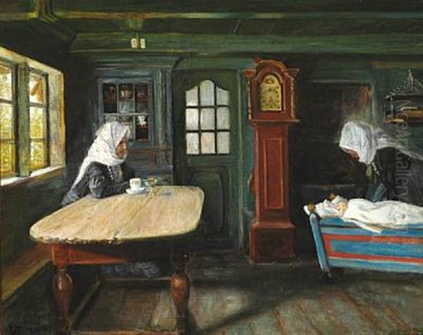 Interior From A Farmhouse With The Little One In The Cradle Oil Painting by Viggo Johansen