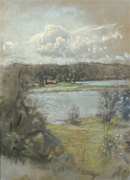 View Of Tyresjo, Sweden (+ Portait Of The Artist's Wife Martha, Verso) Oil Painting by Viggo Johansen