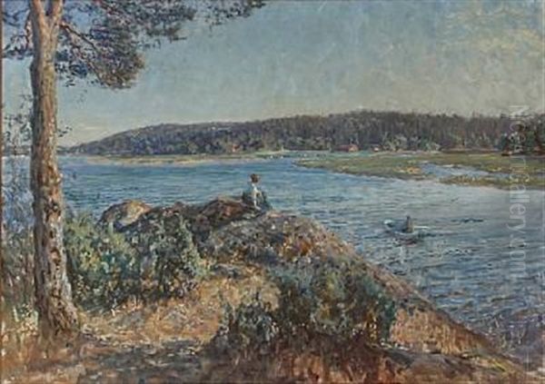 From The Swedish Skerries With A Woman Sitting And Overlooking A Bay by Viggo Johansen