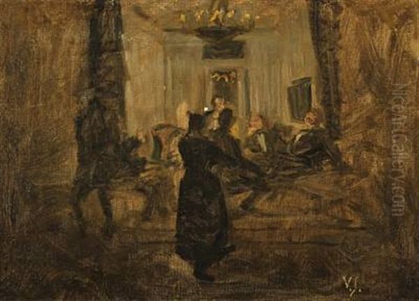 Interior With The Painters Kr. Zahrtmann, Karl Madsen, Julius Paulsen, Axel Helsted And Th. Philipsen Oil Painting by Viggo Johansen