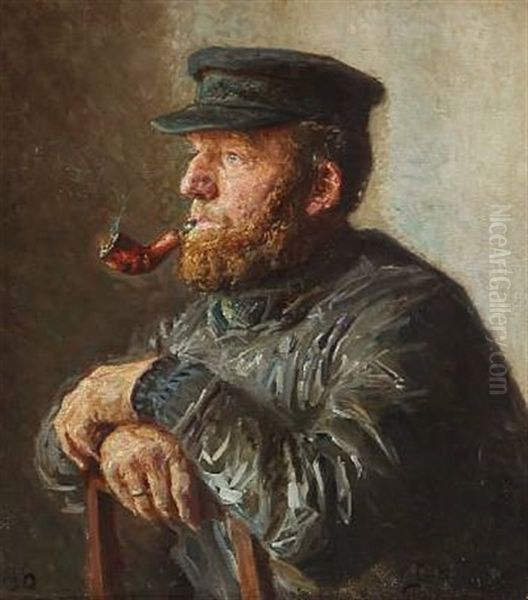 A Smoking Fishermann Oil Painting by Viggo Johansen