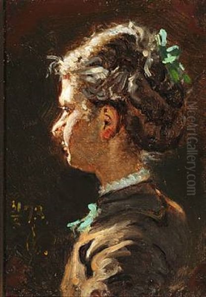 Portrait Of A Woman In Profile Illuminated From The Left Oil Painting by Viggo Johansen