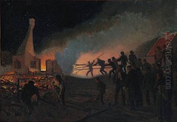 Fire In Skagen At Night Oil Painting by Viggo Johansen