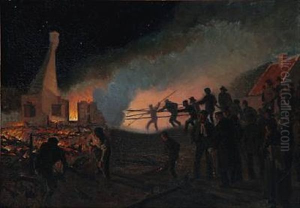 Fire In Skagen At Evening Oil Painting by Viggo Johansen