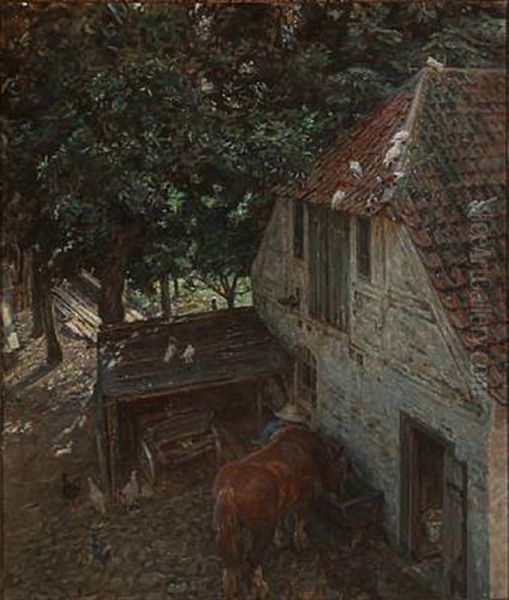 The Horse Is Being Watered At A White Farm Oil Painting by Viggo Johansen