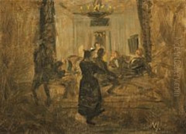 Interior With The Painters Kr. Zahrtmann, Karl Madsen, Julius Paulsen, Axel Helsted And Th. Philipsen Oil Painting by Viggo Johansen