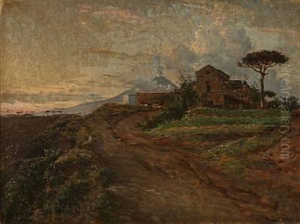 From The Unexcavated Part Of Pompeii With Vesuvius In The Background, Evening In April Oil Painting by Viggo Johansen