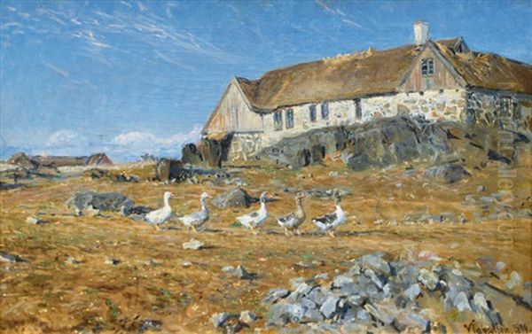 Geese In Front Of A Large Farmhouse Oil Painting by Viggo Johansen