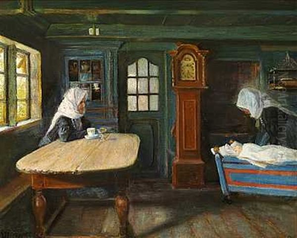 Interior Fra En Bondestue Med Den Lille I Vuggen Oil Painting by Viggo Johansen