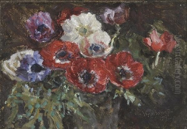 Komposition Med Rode, Hvide Og Bla Franske Anemoner Oil Painting by Viggo Johansen