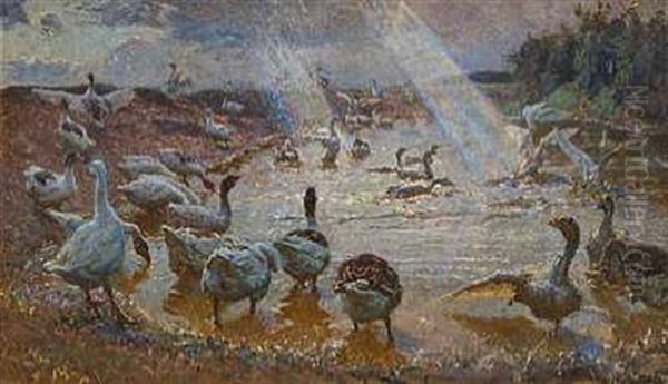 Unge Og Gamle Gaes, Dragor Oil Painting by Viggo Johansen