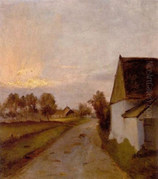 Vej Forbi En Gard Ved Solnedgang Oil Painting by Viggo Johansen