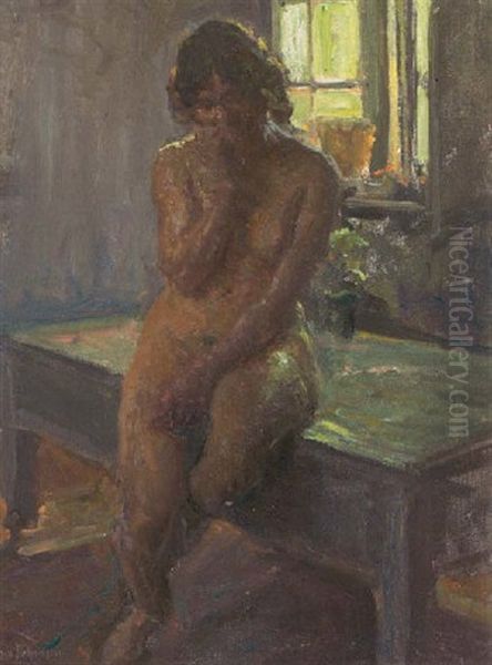 Nogenmodel Siddende Pa Et Bord Oil Painting by Viggo Johansen