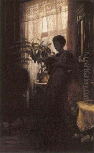 A Woman Reading In An Interior Oil Painting by Viggo Johansen