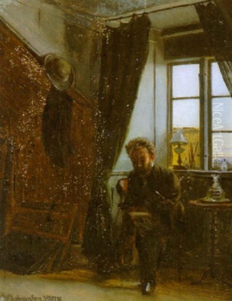 Interior Med Siddende Kunstner Ved Et Vindue Oil Painting by Viggo Johansen