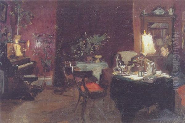 Interior Med Kunstnerens Hustru I Sofaen Oil Painting by Viggo Johansen