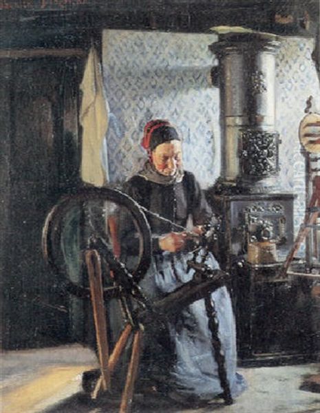 Interior Med Amagerkone, Der Spinder Foran Bilaeggerovnen Oil Painting by Viggo Johansen