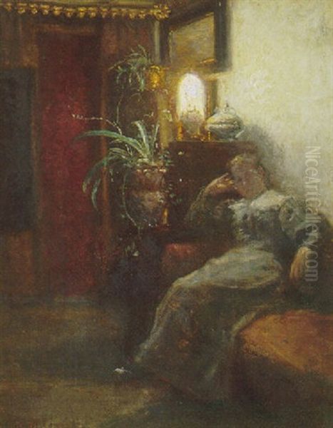 Stueinterior Med Kvinde (kunstneren Hustru?) Oil Painting by Viggo Johansen