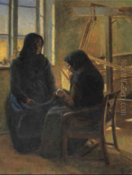 To Kvinder I Interieur, Siddende Ved V+v Oil Painting by Viggo Johansen