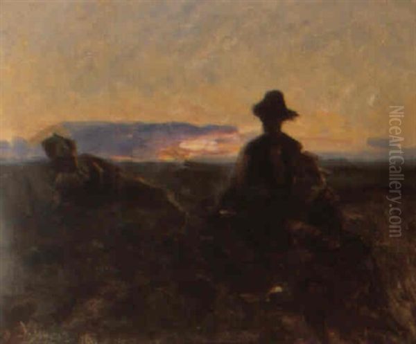 Solnedgang Med Personer Oil Painting by Viggo Johansen