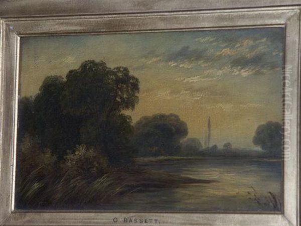 An Extensive Summer River Landscape Oil Painting by George Bassett