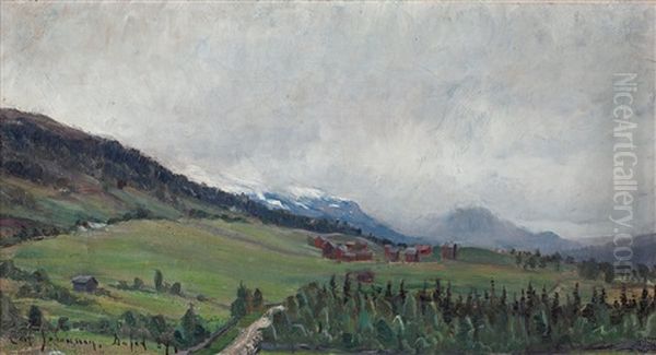 Scene From Duved, Jamtland Oil Painting by Carl (August) Johansson