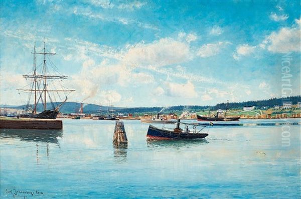 Harbour Scene From Harnosand Oil Painting by Carl (August) Johansson