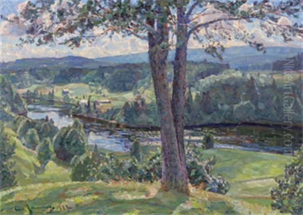 Motiv Fran Ramsele - Sommarlandskap Med Faxealven Oil Painting by Carl (August) Johansson