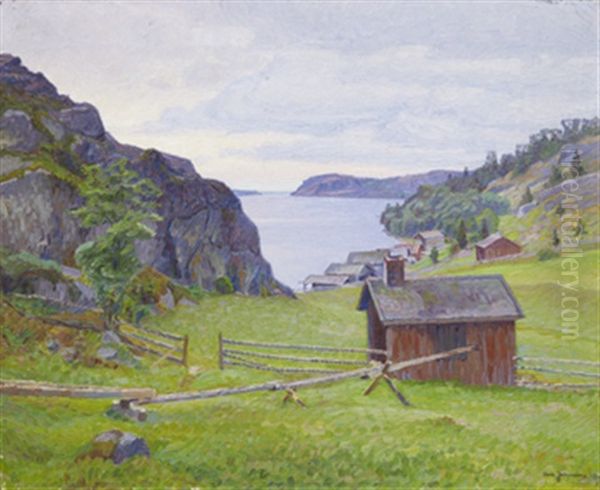 Norrlandskt Kustmotiv Med Stugor Oil Painting by Carl (August) Johansson