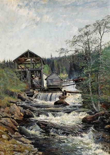 Norrlandskt Landskap Med Sagverk Oil Painting by Carl (August) Johansson