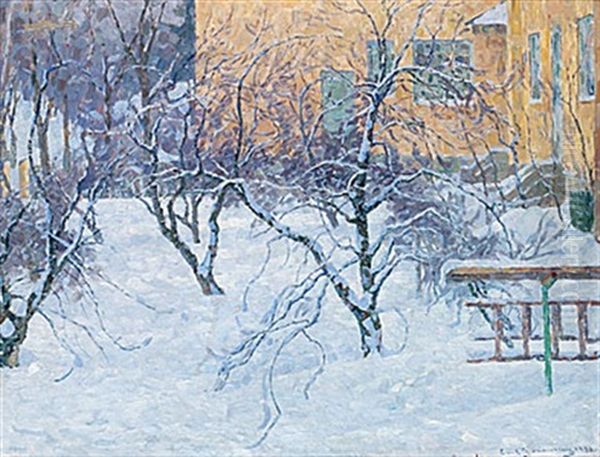 Gardsmiljo I Sno, Lidingo Oil Painting by Carl (August) Johansson