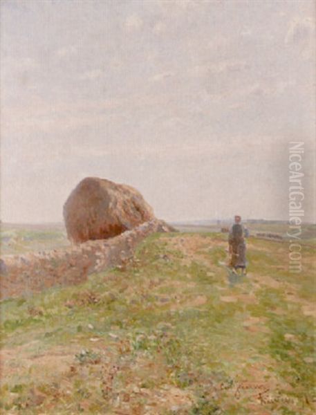 Landskap Med Kvinna Vid Stenmur - Solig Sommardag I Bretagne Oil Painting by Carl (August) Johansson