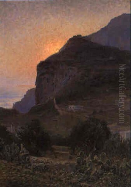 Solnedgang Over Bergen- Amalfi Oil Painting by Carl (August) Johansson