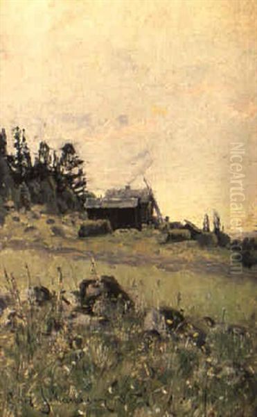 Landskap Med Fabodar Oil Painting by Carl (August) Johansson