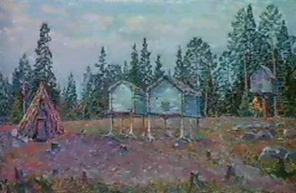 Norrlandskt Landskap Med Kata Och Fabodar Oil Painting by Carl (August) Johansson